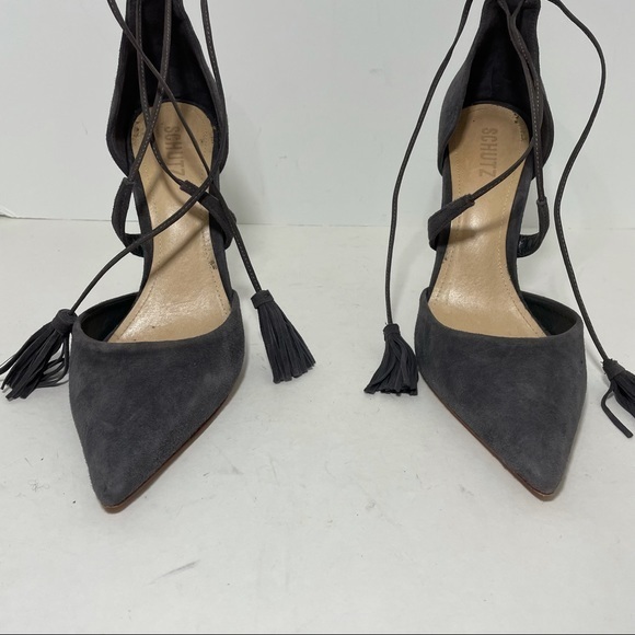 SCHUTZ Shoes - Schutz Suede D’Orsay Pointed Toe Fringe Tassel High Heels Suede Gray 9.5 Pumps